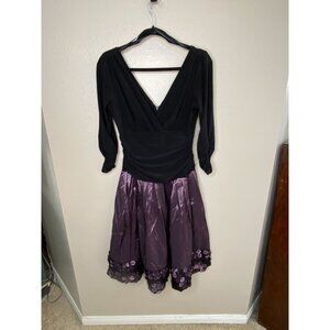 Dressbarn Collection Womens Black V-Neck Long Sleeve Dress Purple Satin Skirt 12